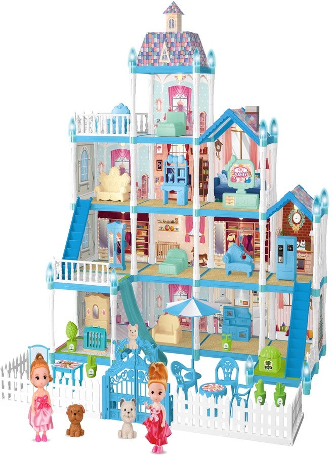 Seifar Doll House Playset for Kids Girls, 4 Storey, 13 Rooms, 2 Dolls & 2 Puppies, Furniture & Accessories for 5,6,7,8 Year Old Girls (Blue) - Image 1